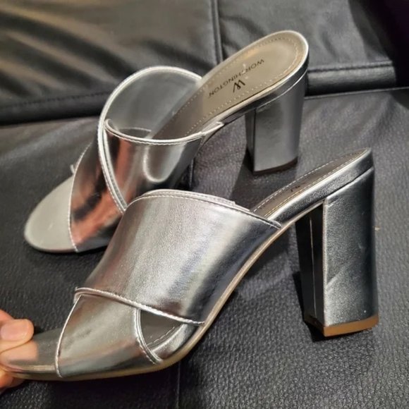 Silver metallic heels open toe mules - Picture 1 of 5